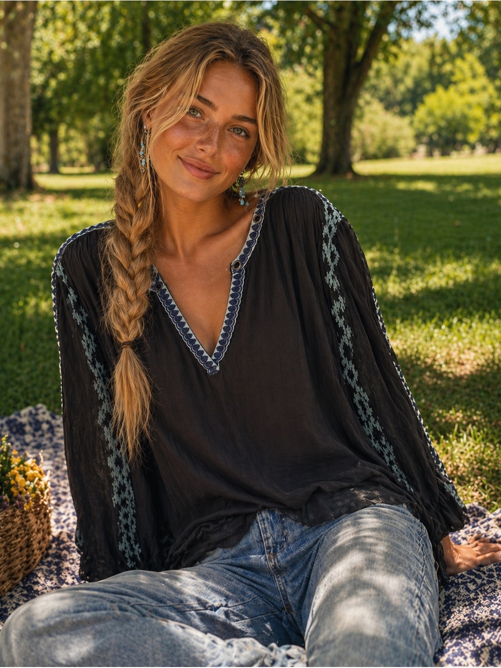 FP Black & Blue Embroidered Boho Top